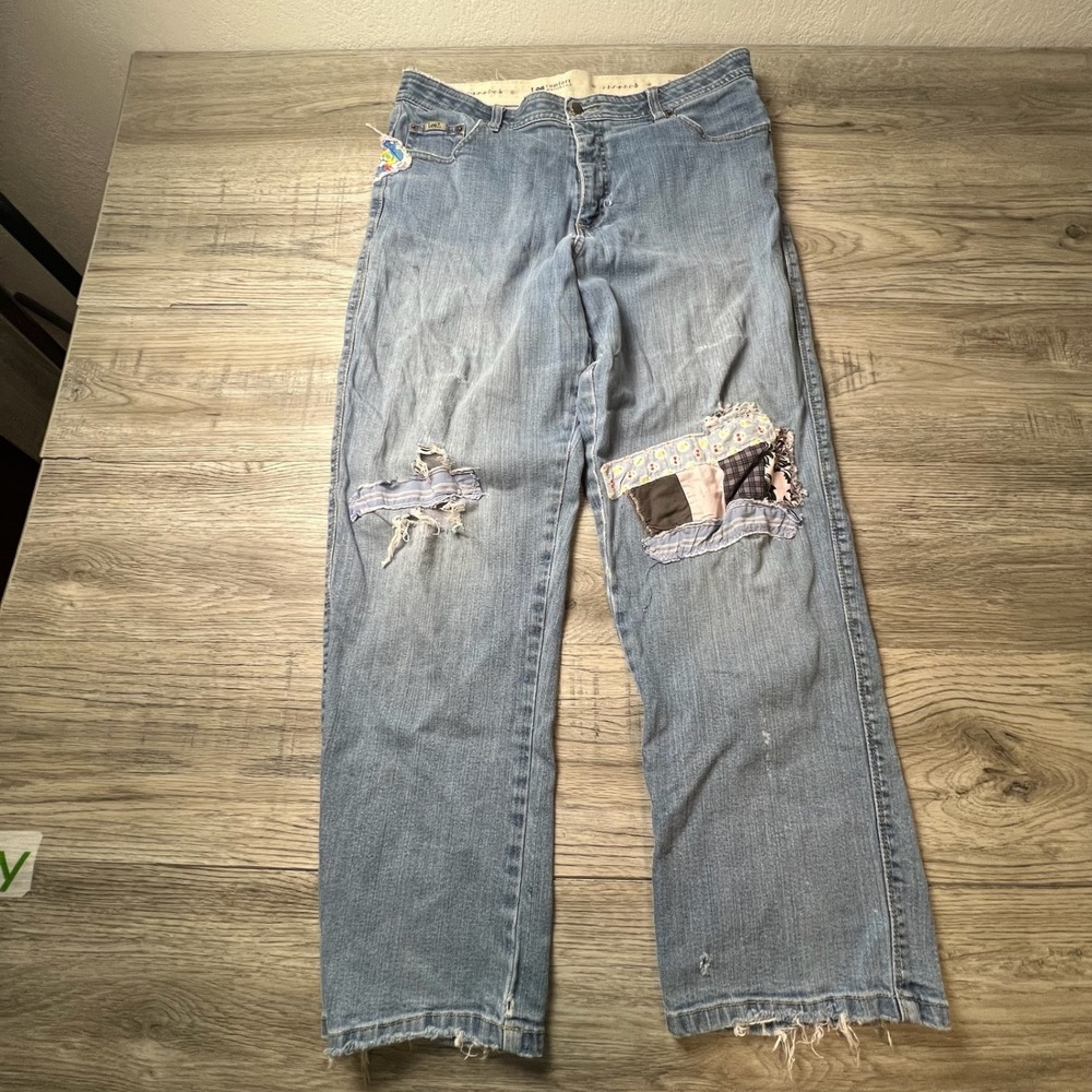 Lee L-Series Jeans Womens 32 Blue Patchwork Distressed Straight Leg Boho Denim